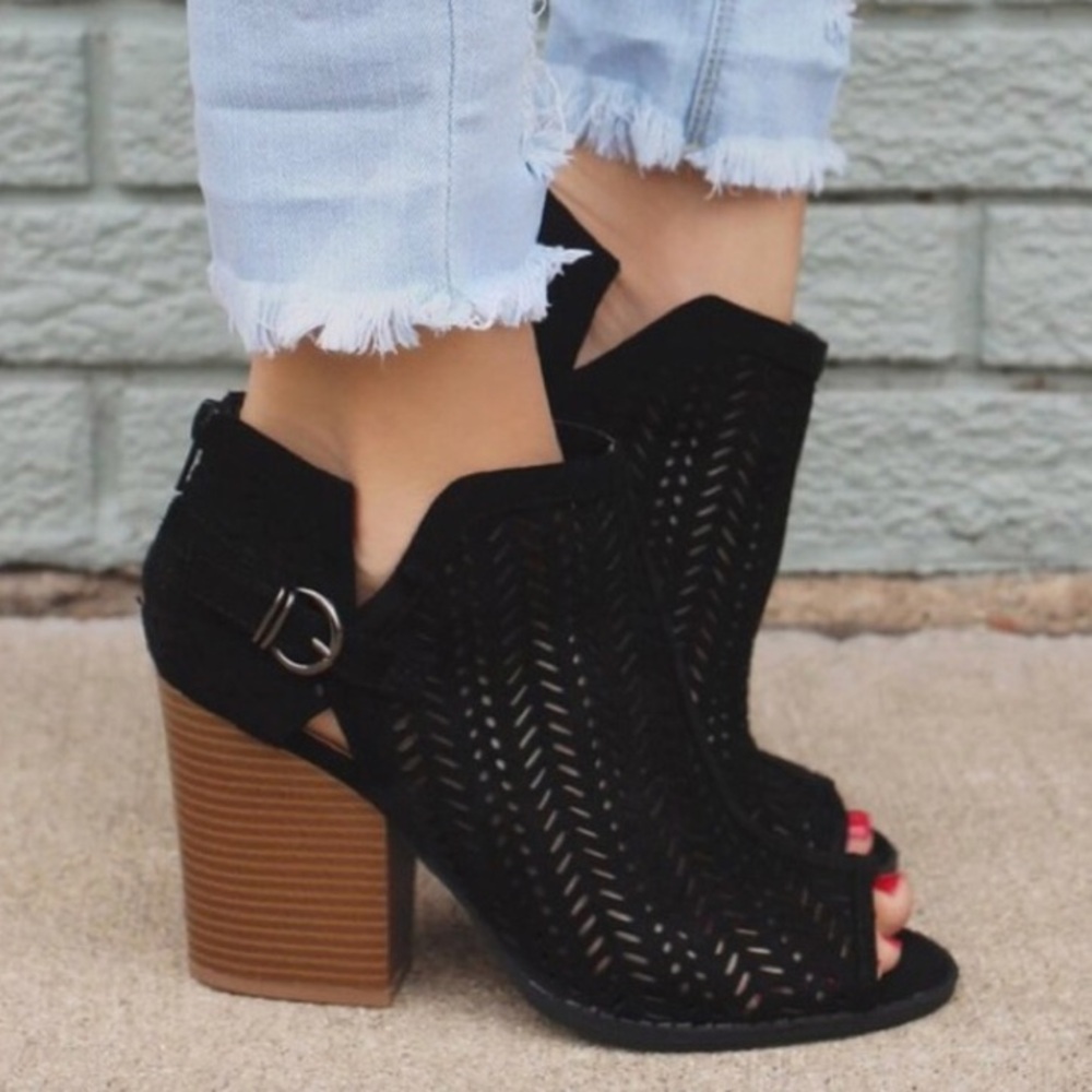 Qupid Black Cutout Ankle Booties with Brown Block Heel